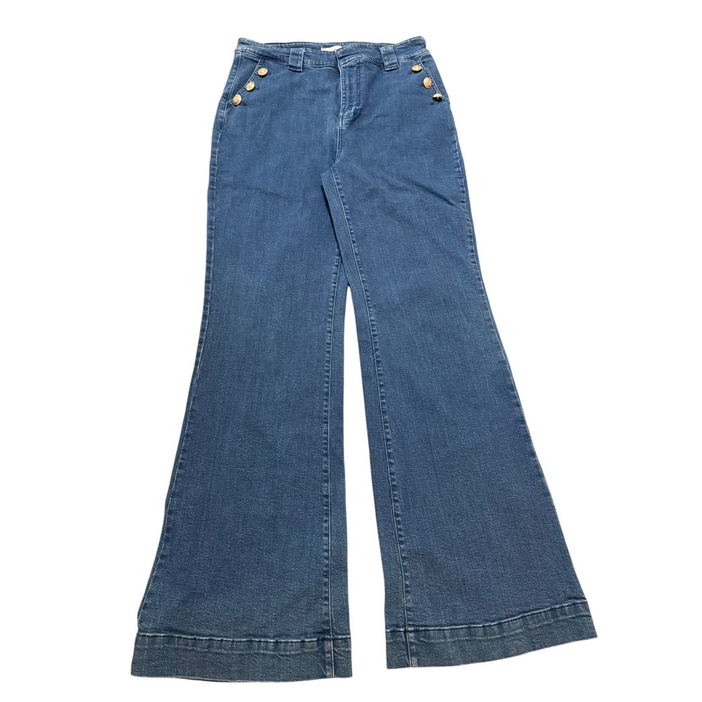 Avec Les Filles Blue Sailor Flare Jeans Gold Button High Rise Wide Leg Size 30